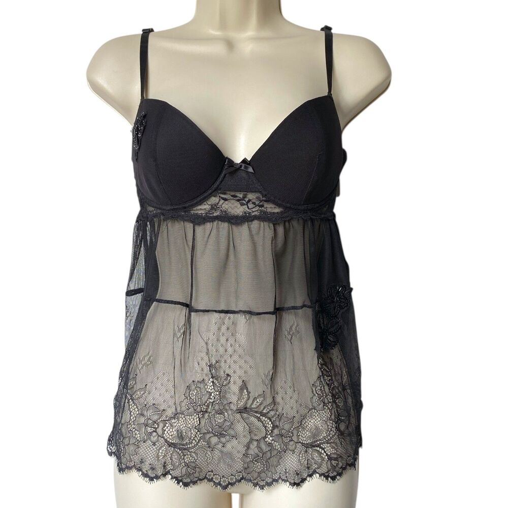 Victorias Secret Sexy Little Things Black Babydoll Sheer Lace Nightie Size 36C